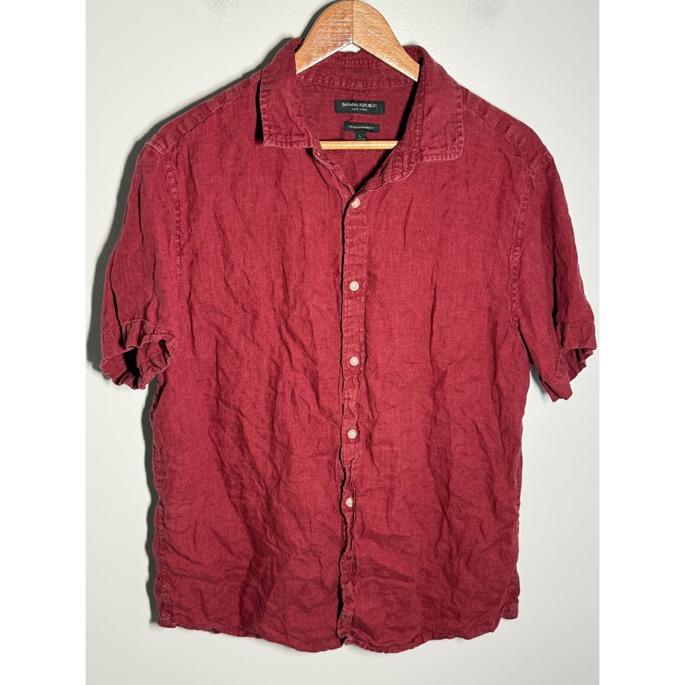 Banana Republic Mens Large Linen Short Sleeve Button Down Shirt Red Camden Fit